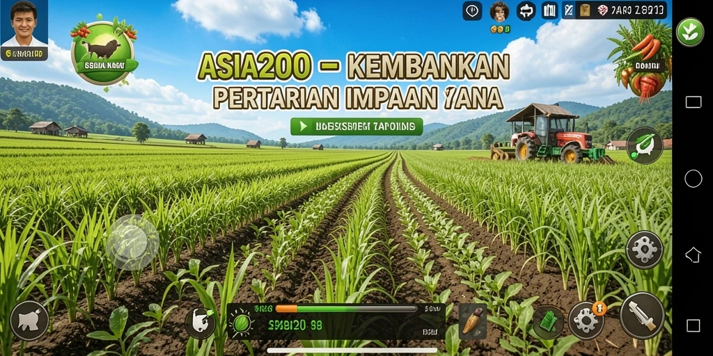 Screenshot utama ASIA200 menampilkan aktivitas bertani yang seru dan interaktif.