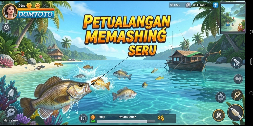 Screenshot gameplay DOMTOTO menunjukkan pengalaman memancing yang mendebarkan.