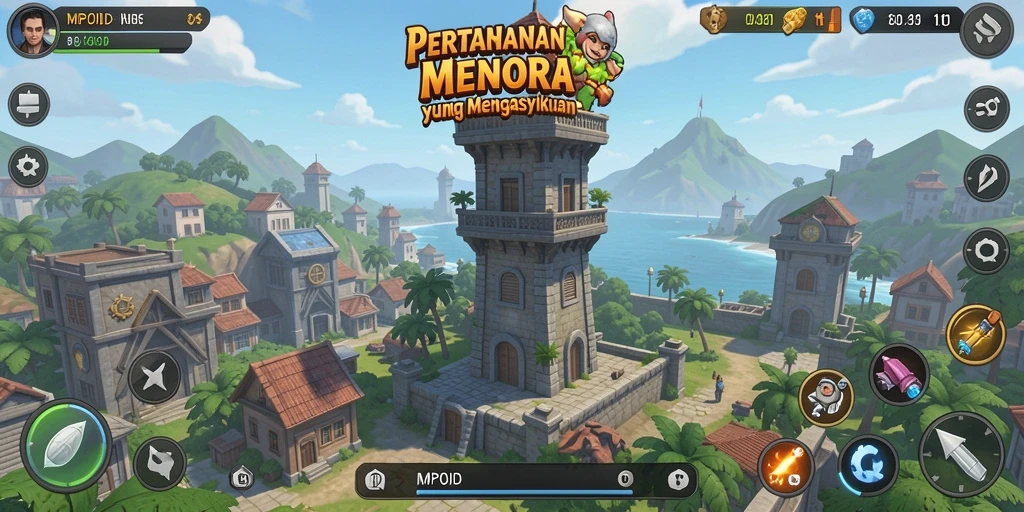 Screenshot gameplay MPOID yang menunjukkan pertahanan menara yang strategis.
